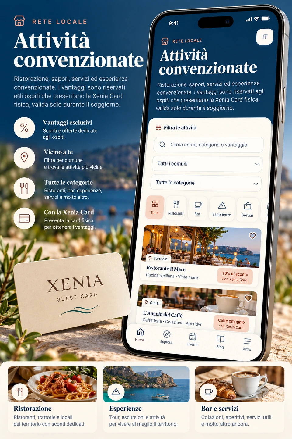 Ricerca e filtri delle attività convenzionate per comune, categoria e vantaggio, con Xenia Card