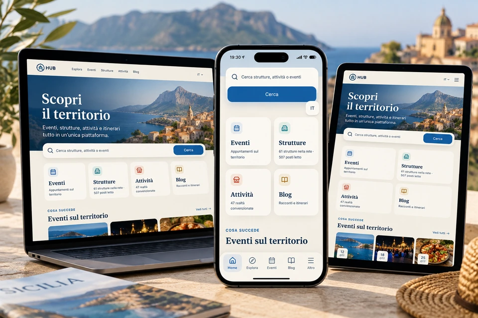 Xenia Hub visualizzato su computer portatile, smartphone e tablet in uno scenario costiero