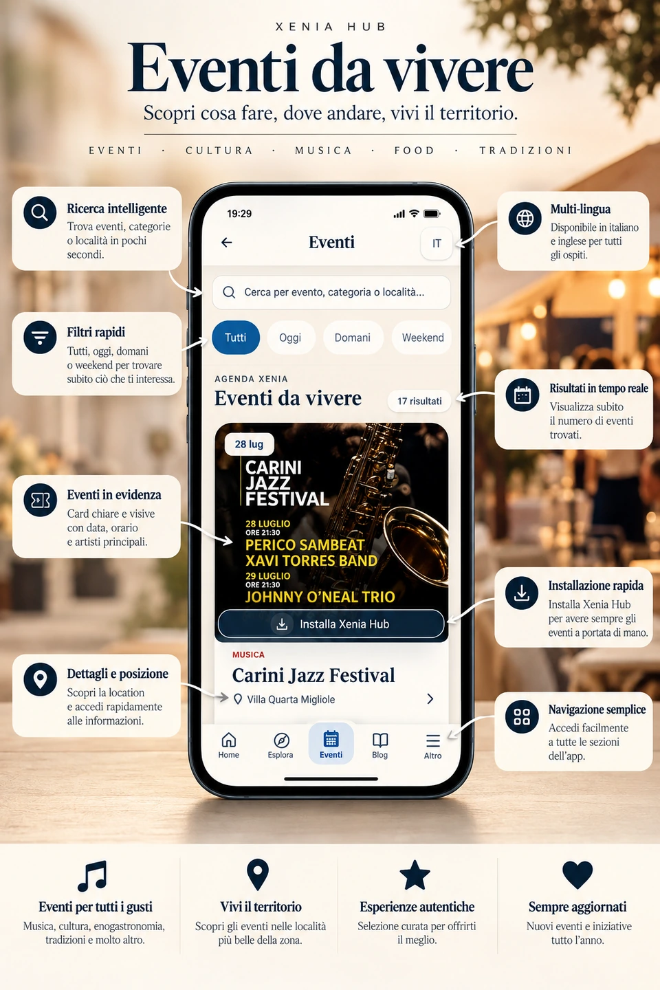 Schermata Eventi di Xenia Hub con ricerca, filtri Oggi, Domani e Weekend e scheda Carini Jazz Festival