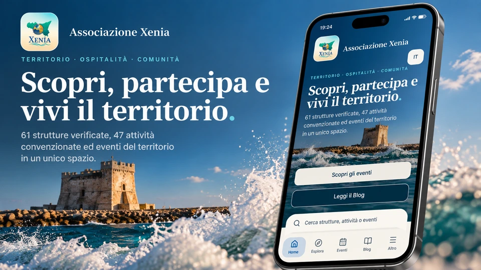Xenia Hub: smartphone con la Home dell’Associazione Xenia davanti a una torre sul mare